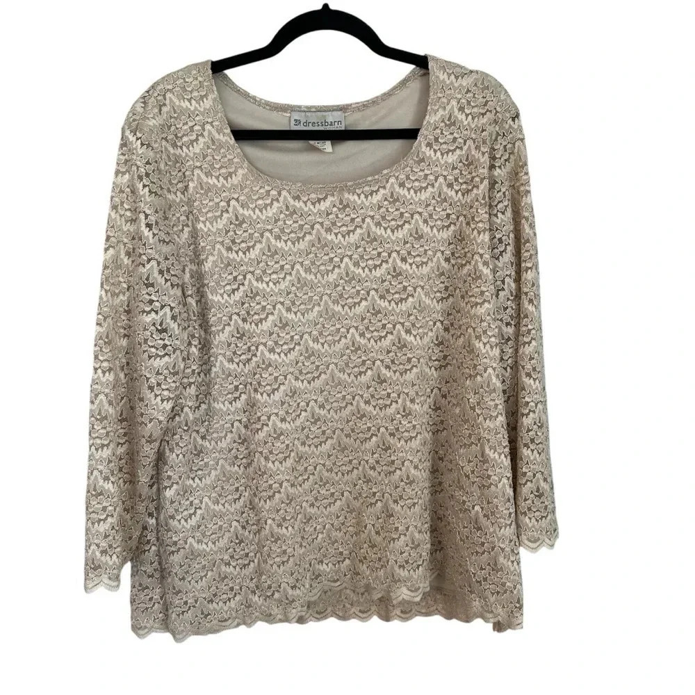 Dress Barn Women’s 3/4 Scalloped Sleeve Tan Lace Square Neck Blouse Sz 22/24 GUC